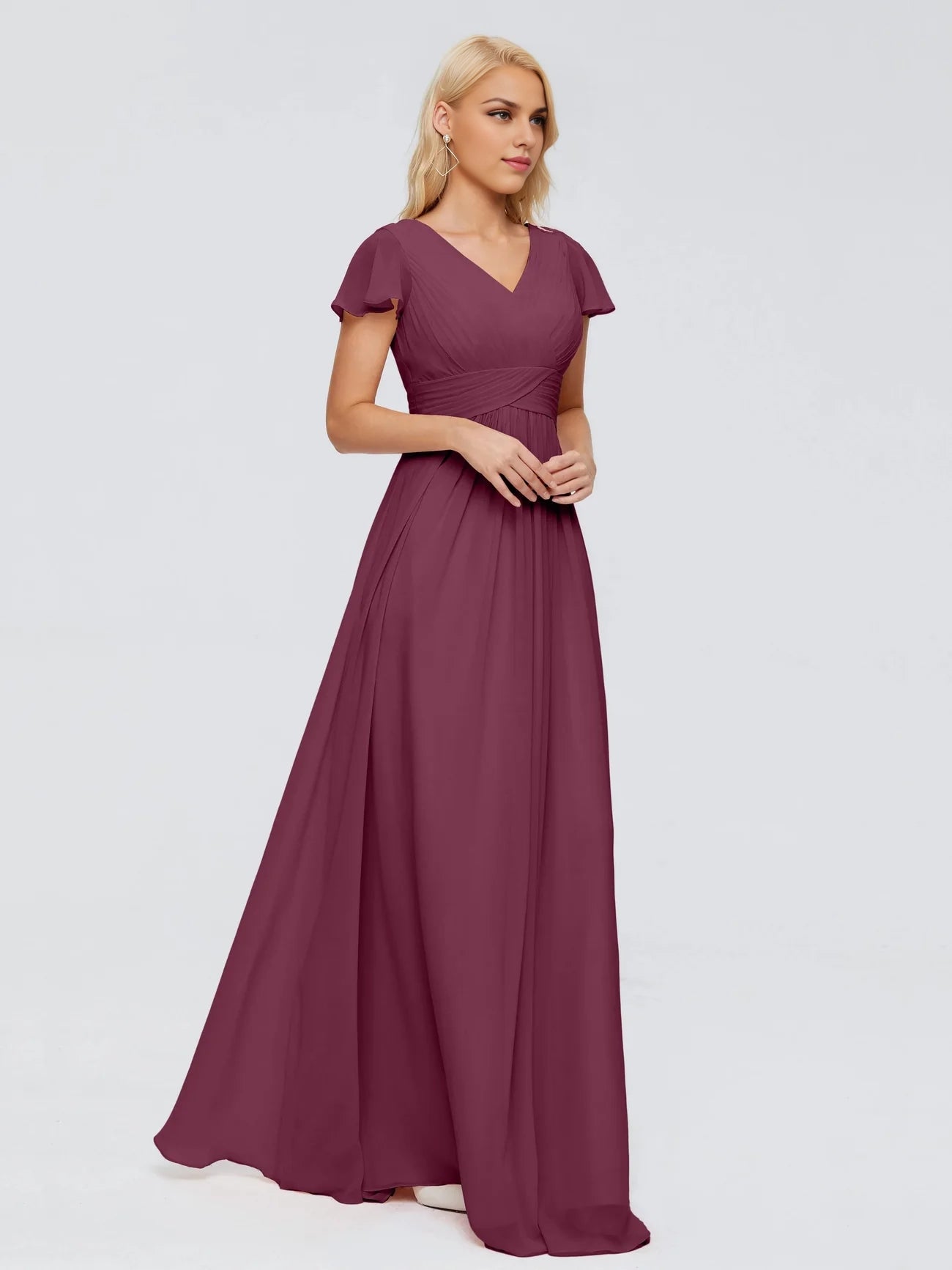 Classic A-line V-neck pleated slim fit short sleeved long bride and mother dress