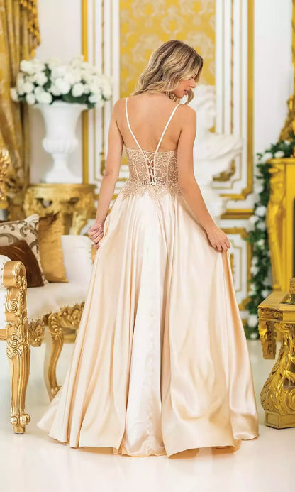 Classic A-line sheer corset with beaded embroidery and side slits, hem hanging to the ground Prom Dresses