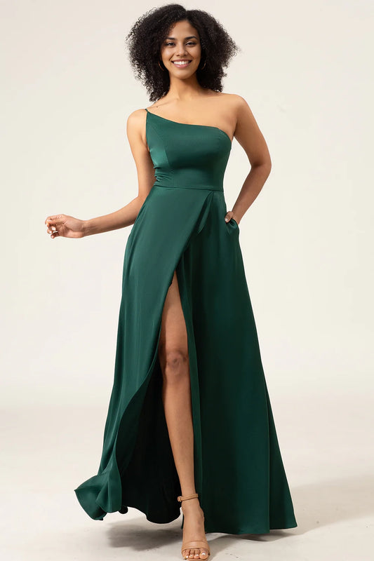Classic A-line single shoulder sleeveless and floor chiffon slit bridesmaid dress
