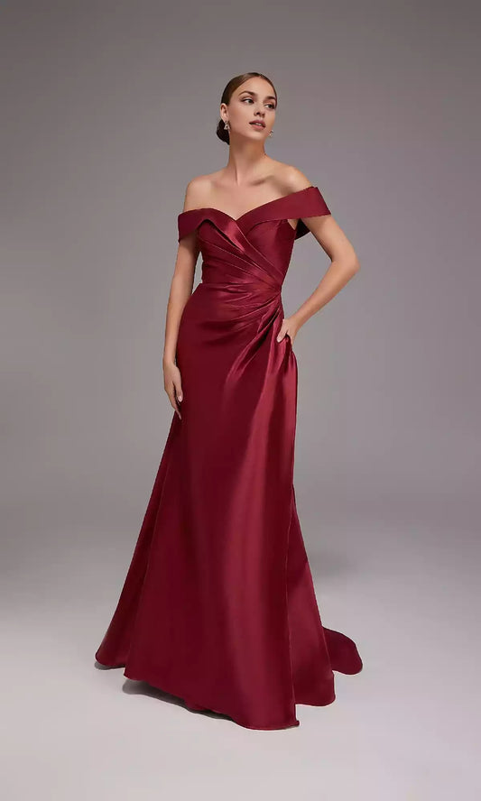 Classic and elegant wrap around skirt with a slightly flared off shoulder long Prom Dresses below the hips