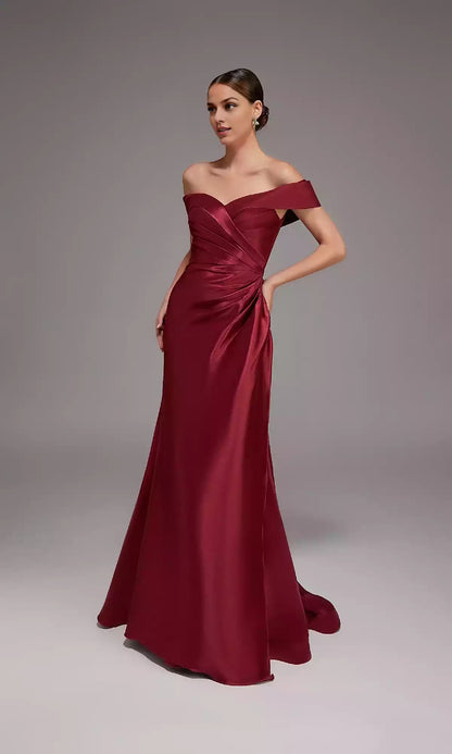 Classic and elegant wrap around skirt with a slightly flared off shoulder long Prom Dresses below the hips