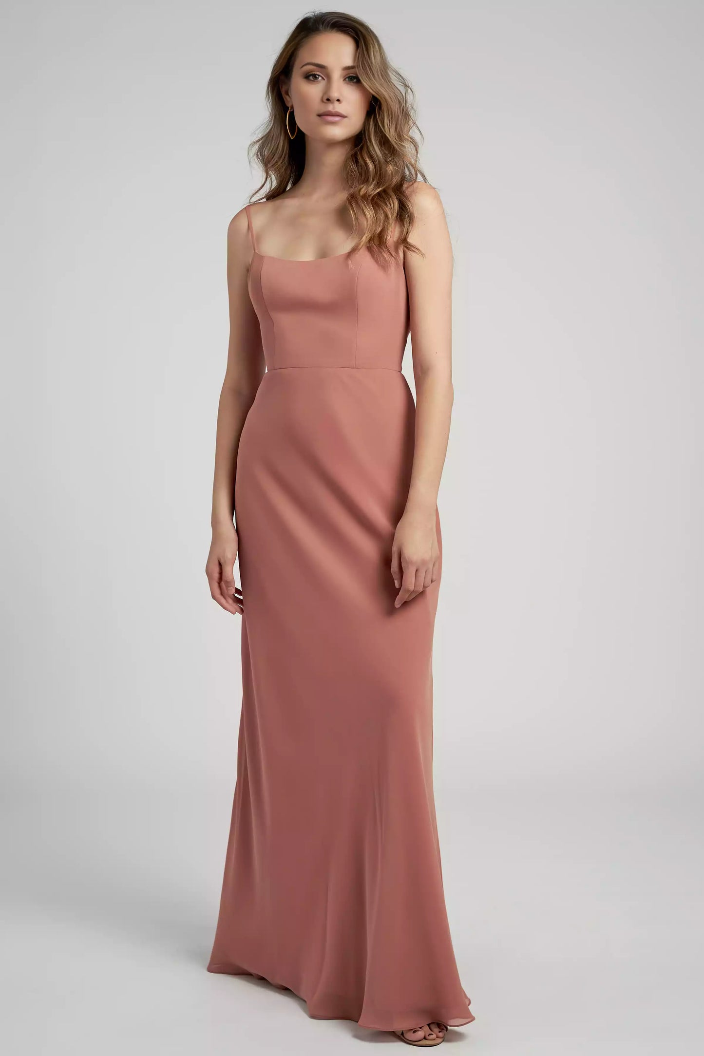 Classic chiffon round neck thin shoulder strap with a slight structural feel, slanted skirt with smooth silhouette Bridesmaid Dresses