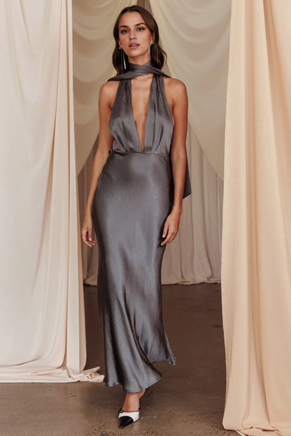 Classic deep V-neck backless low back strap with adjustable side zipper bridesmaid dress