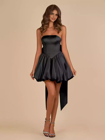 Classic silhouette satin sleeveless lace up back bow off shoulder Homecoming Dresses