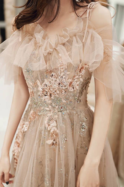 Floral Embroidery Champagne Long Evening Dress