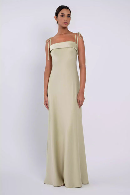Concise slim shoulder straps, slanted cut straight neckline, fully lined back with a middle zipper, Bridesmaid Dresses