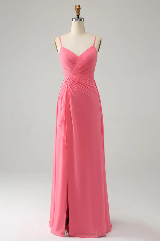 A Line Spaghetti Straps Chiffon Long Bridesmaid Dress With Slit