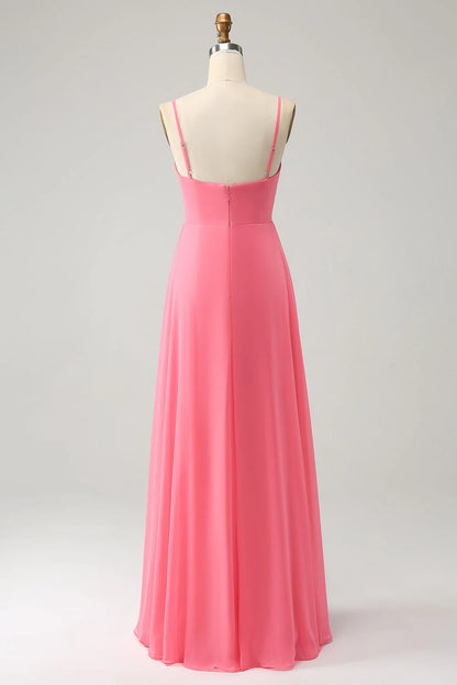 A Line Spaghetti Straps Chiffon Long Bridesmaid Dress With Slit