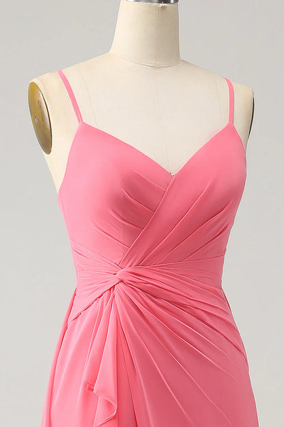A Line Spaghetti Straps Chiffon Long Bridesmaid Dress With Slit