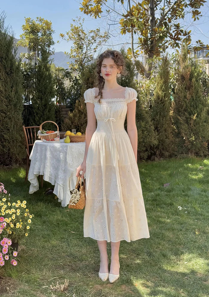 Cream Cotton Eyelet Embroidery Midi Dresses with Square Neck Lace Trim Puff Short Sleeves Smocked Waist and Tiered Ruffle Hem