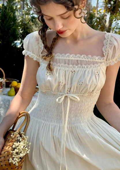 Cream Cotton Eyelet Embroidery Midi Dresses with Square Neck Lace Trim Puff Short Sleeves Smocked Waist and Tiered Ruffle Hem