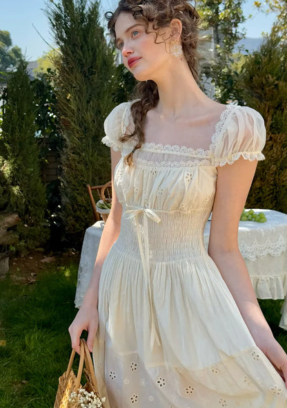 Cream Cotton Eyelet Embroidery Midi Dresses with Square Neck Lace Trim Puff Short Sleeves Smocked Waist and Tiered Ruffle Hem