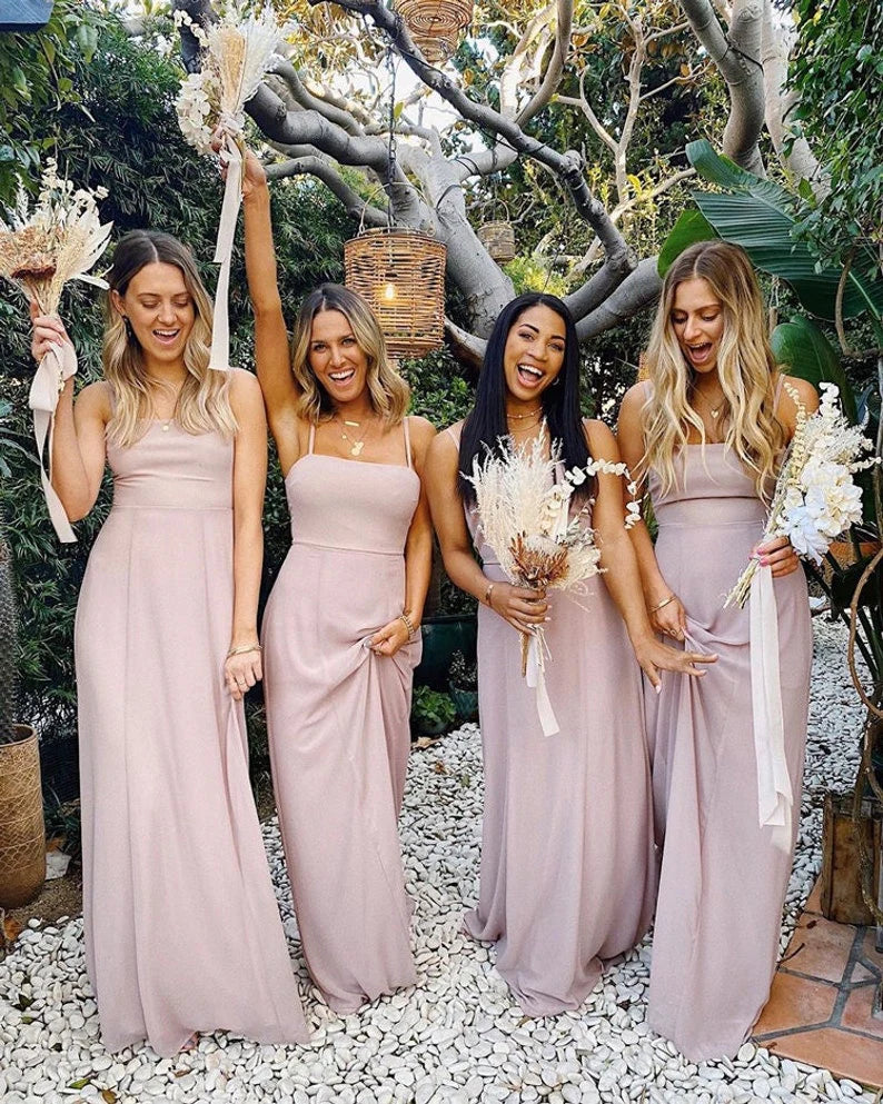 Gorgeous sheath pink floor length spaghetti strap bridesmaid costume