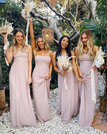 Gorgeous sheath pink floor length spaghetti strap bridesmaid costume