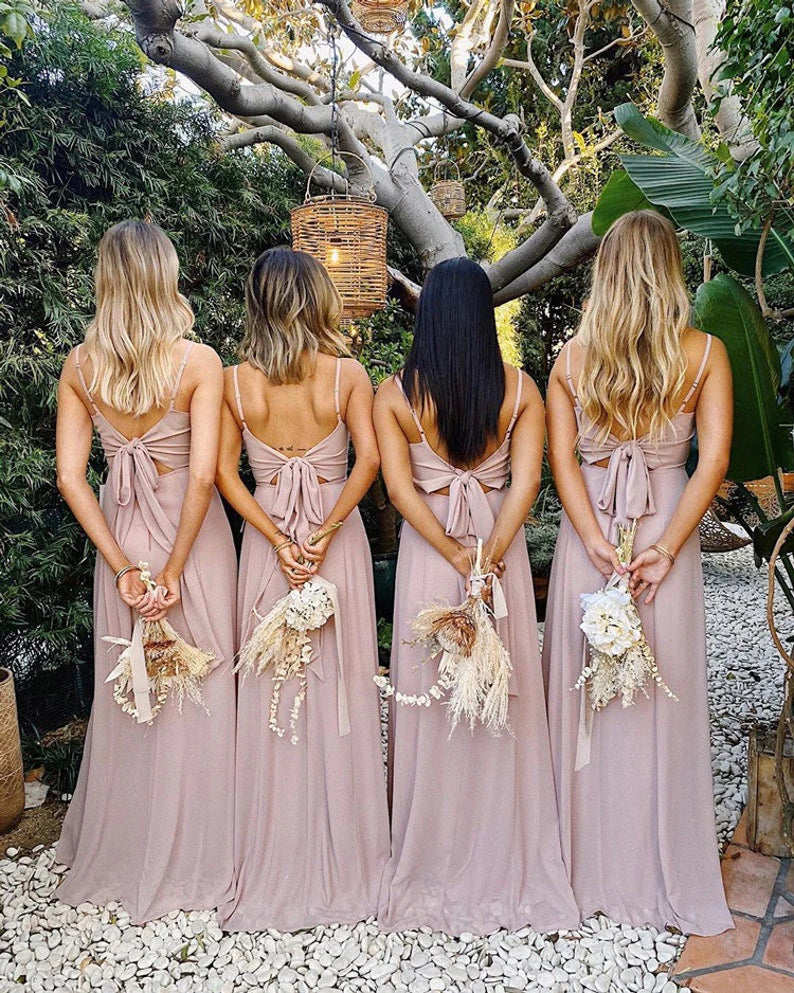 Gorgeous sheath pink floor length spaghetti strap bridesmaid costume