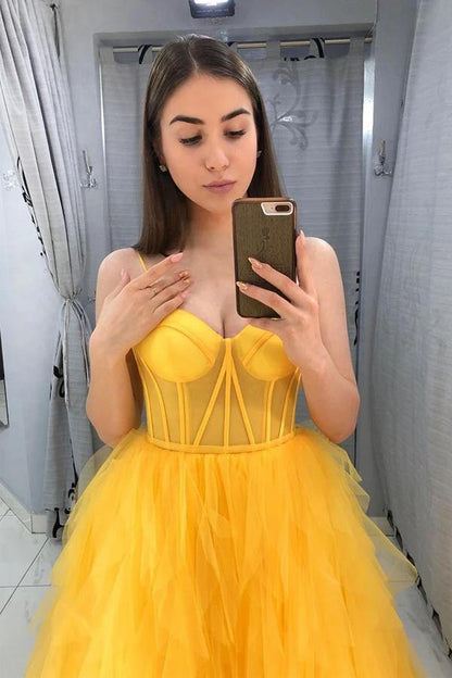 Yellow spaghetti strap sleeveless backless sweet ball dress