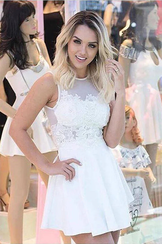 Sweet A-line round neck lace decal white chiffon short back to school party dress