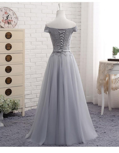 Cute A-line Grey Lace Off Shoulder Lace Lace Sticker Evening Party Ball Dress
