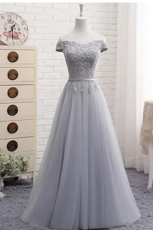 Cute A-line Grey Lace Off Shoulder Lace Lace Sticker Evening Party Ball Dress