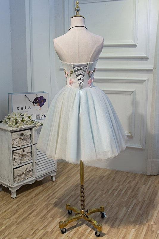 Cute blue strapless tulle back to school dance dress with 3D floral lace up dance dress