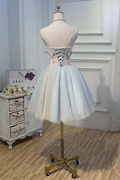 Cute blue strapless tulle back to school dance dress with 3D floral lace up dance dress