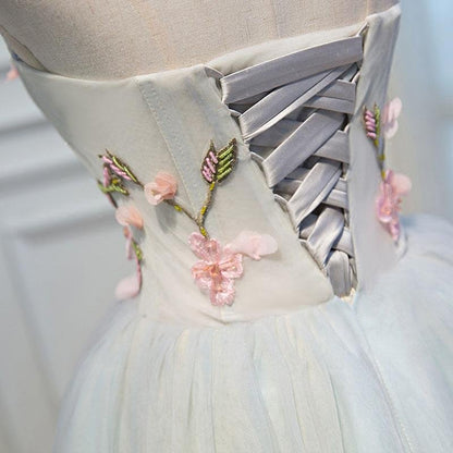Cute blue strapless tulle back to school dance dress with 3D floral lace up dance dress