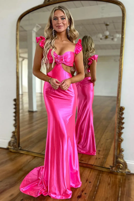 Cute hot pink mermaid waist long satin ball dress