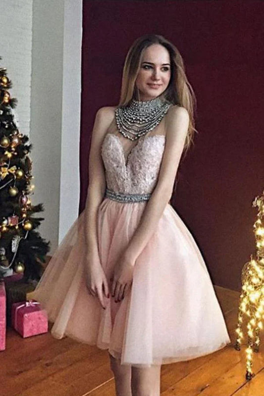 Lovely pearl pink tulle applique Silver beaded V-neck short ball cocktail dress