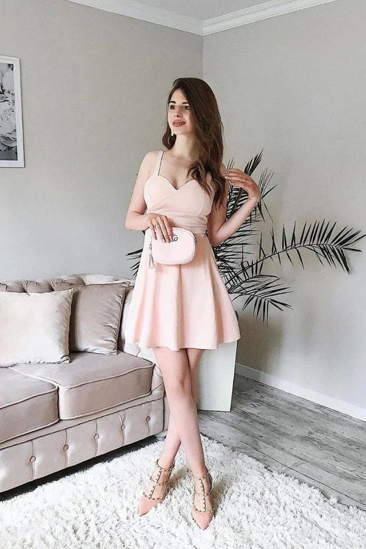 Cute Italian Strap Sweetheart Pink Back to School Ball Satin Short Ball Dress