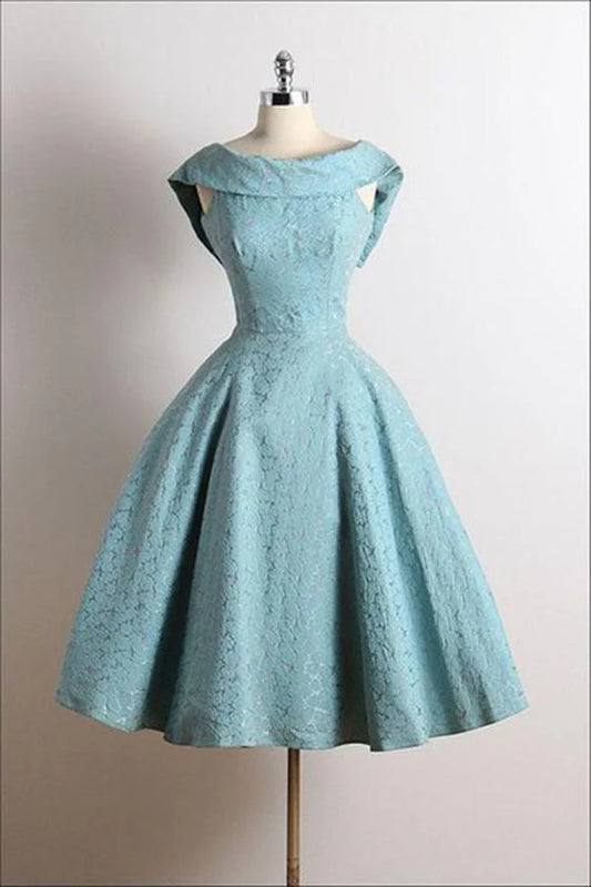 Cute retro A-line sleeveless knee length lace blue back to school dress
