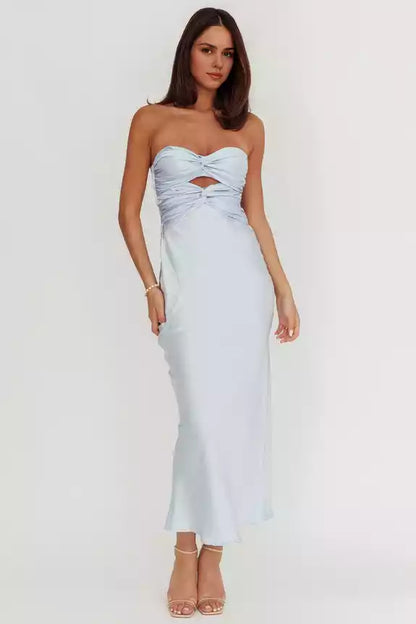 Cute strapless satin with extra long twisted texture, backless lace up, invisible back zipper, Prom Dresses