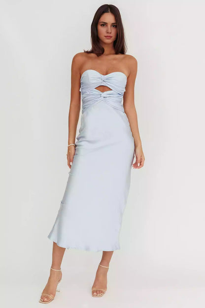 Cute strapless satin with extra long twisted texture, backless lace up, invisible back zipper, Prom Dresses