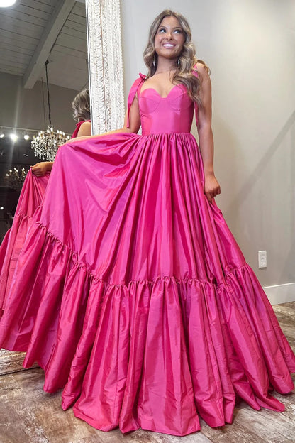 Sweetheart Bow Strap A-Line Long Prom Dress