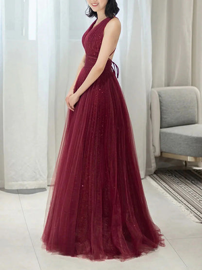 Burgundy Aline v neck tulle sequin long prom dress burgundy prom dress