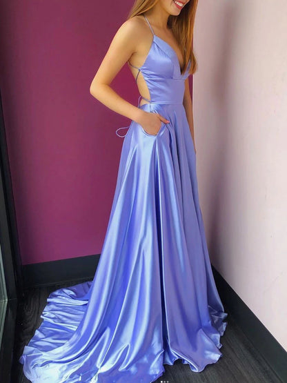 Simple v neck backless long prom dress A line long prom dress