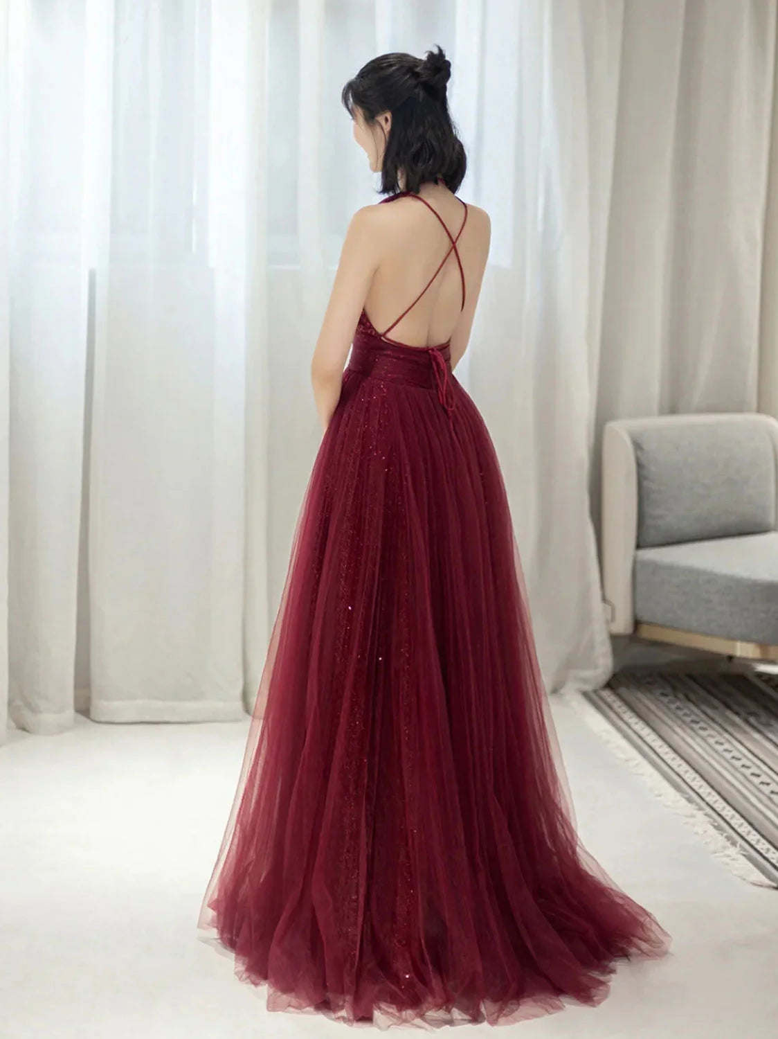 Burgundy Aline v neck tulle sequin long prom dress burgundy prom dress