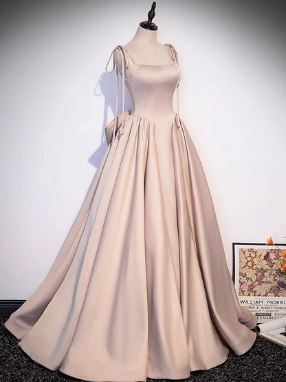 Champagne A-Line Satin Long Prom Dresses Champagne Formal Evening Dress
