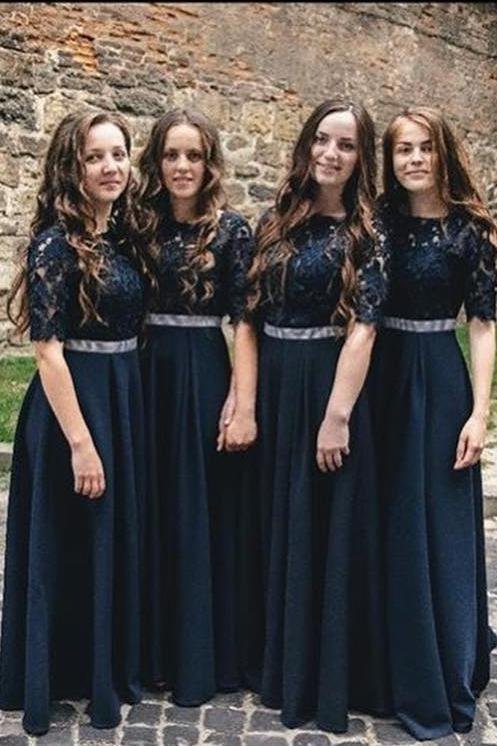 Deep black high-end A-line half sleeved chiffon lace bridesmaid dress