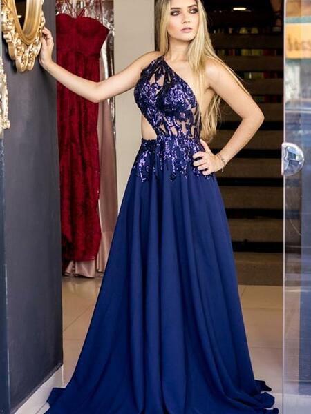 Dark blue elegant one-shoulder long chiffon ball gown inlaid evening gown