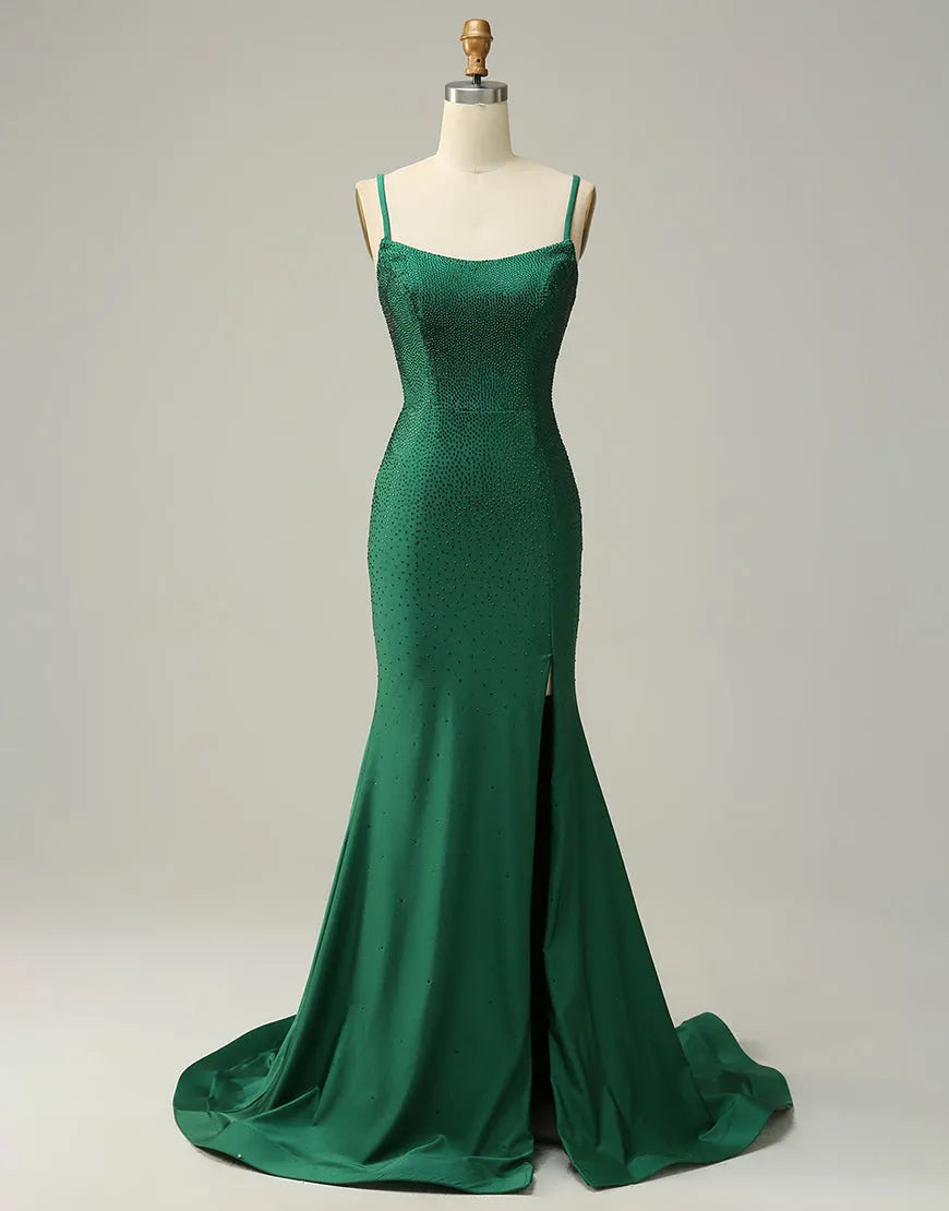 Dark green slim fit Italian spaghetti strap split ball dress