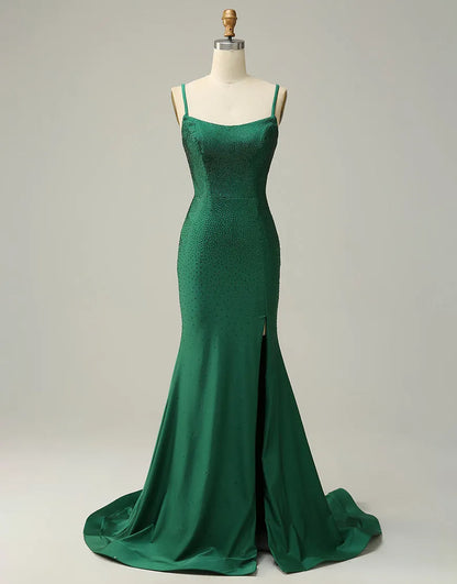 Dark green slim fit Italian spaghetti strap split ball dress