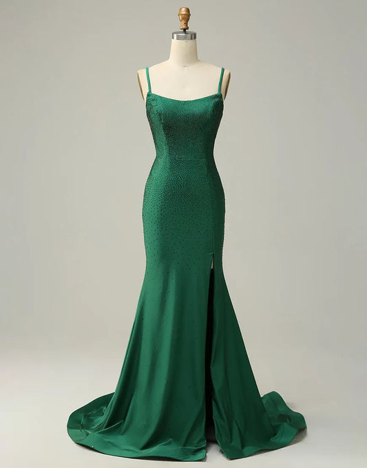 Dark green slim fit Italian spaghetti strap split ball dress