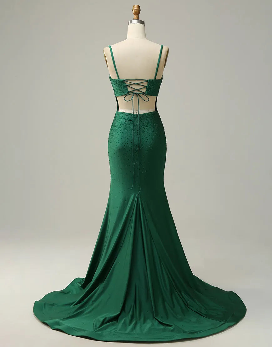 Dark green slim fit Italian spaghetti strap split ball dress