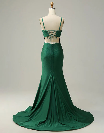 Dark green slim fit Italian spaghetti strap split ball dress
