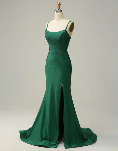Dark green slim fit Italian spaghetti strap split ball dress