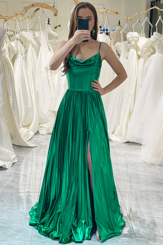 A Line Spaghetti Straps Long Metallic Prom Dress With Slit