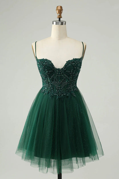Glitter Dark Green A Line Beaded Tulle Homecoming Dress