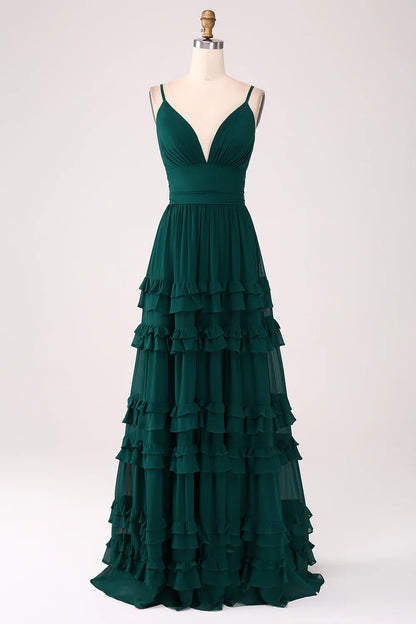 A-Line Spaghetti Straps Tiered Pleated Floor Length Bridesmaid Dress
