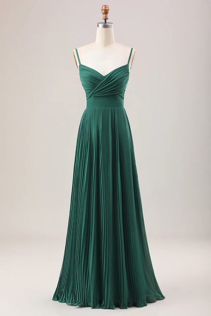 A-Line Spaghetti Straps Pleated Chiffon Long Bridesmaid Dress
