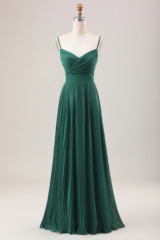 A-Line Spaghetti Straps Pleated Chiffon Long Bridesmaid Dress
